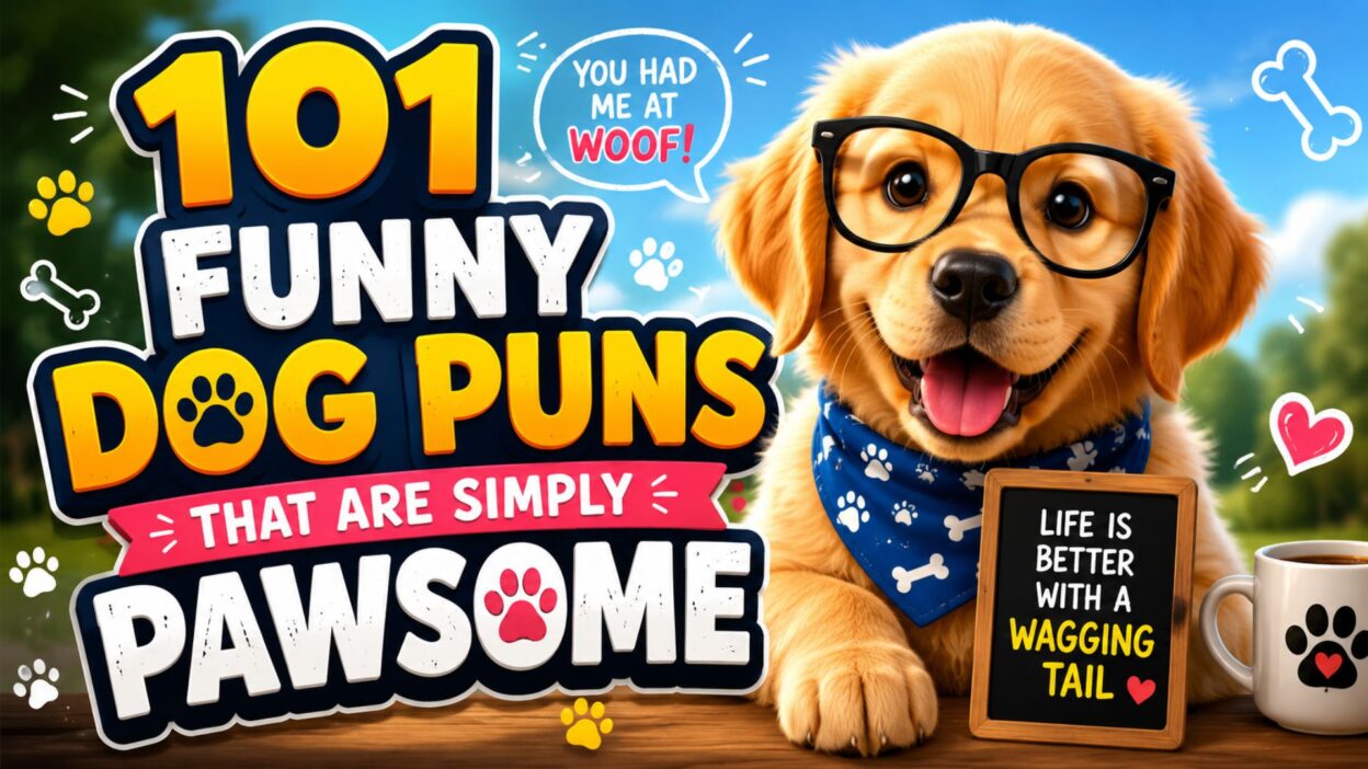 Funny dog puns thumbnail featuring a cute puppy with glasses and playful paw-themed text
