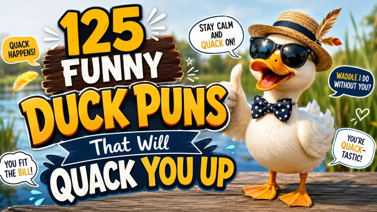 Cute cartoon duck wearing sunglasses and a hat with "125 Funny Duck Puns That Will Quack You Up" on a colorful pond background.