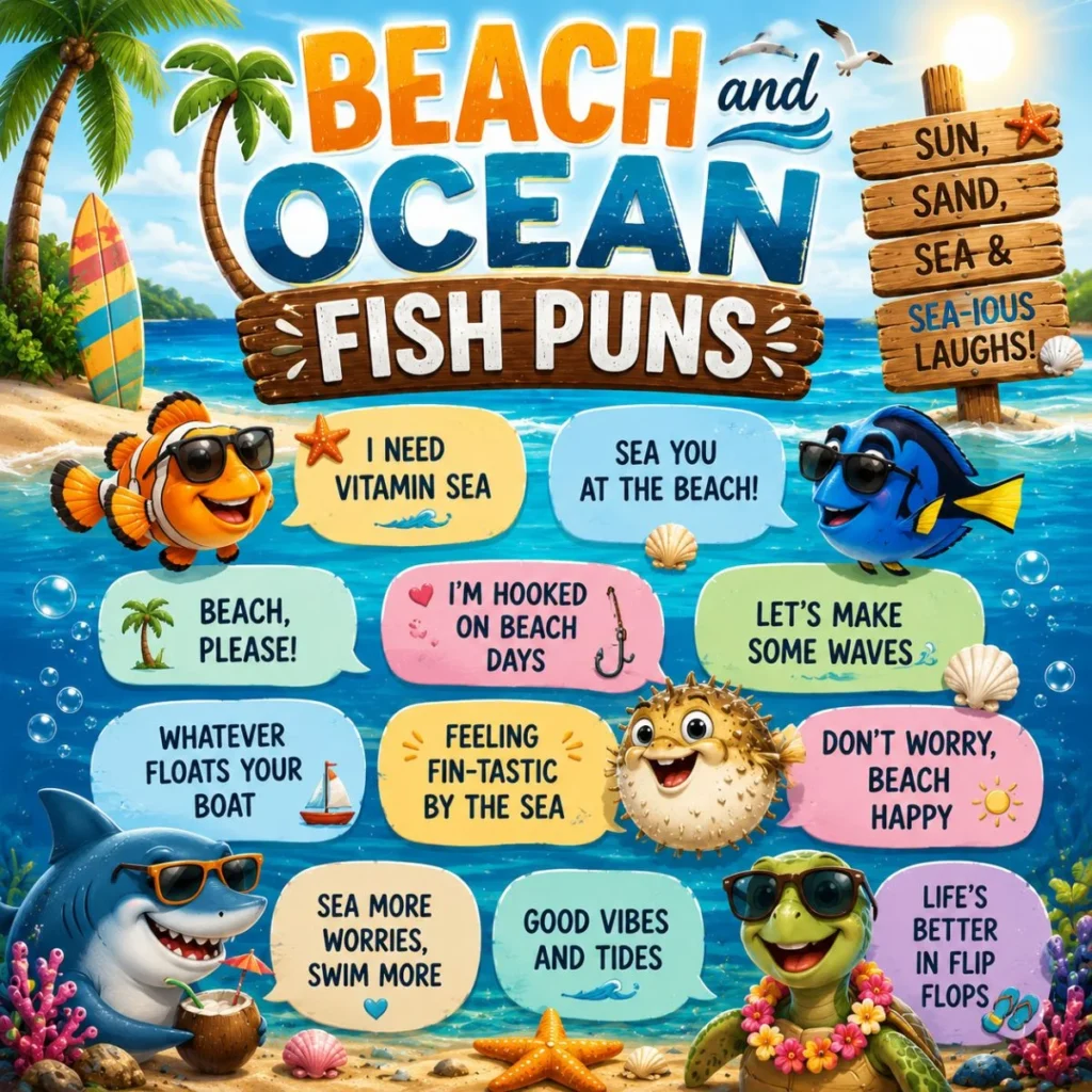 Beach and ocean fish puns poster with funny sea captions, tropical beach scene, and colorful cartoon sea creatures