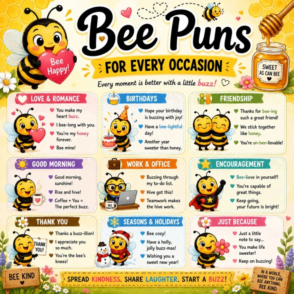 Bee puns for every occasion poster with cute cartoon bees, honey, flowers, and funny messages for birthdays, friendship, and more.