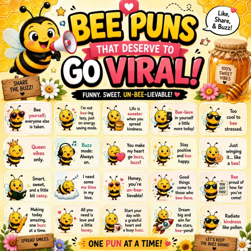 Bee puns poster with cute cartoon bees, viral one-liners, honeycomb graphics, and fun social media-inspired humor.