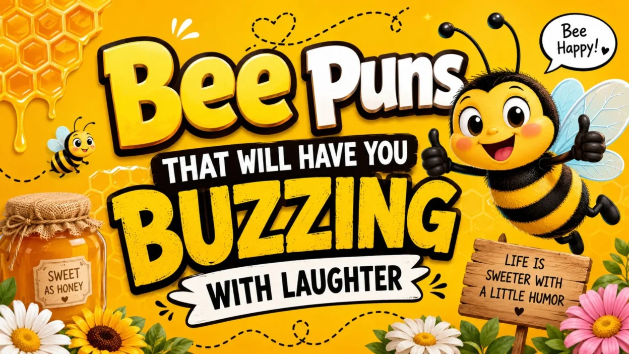 Cute cartoon bee with honey, flowers, and bold Bee Puns text on a bright yellow background with a fun buzzing theme.