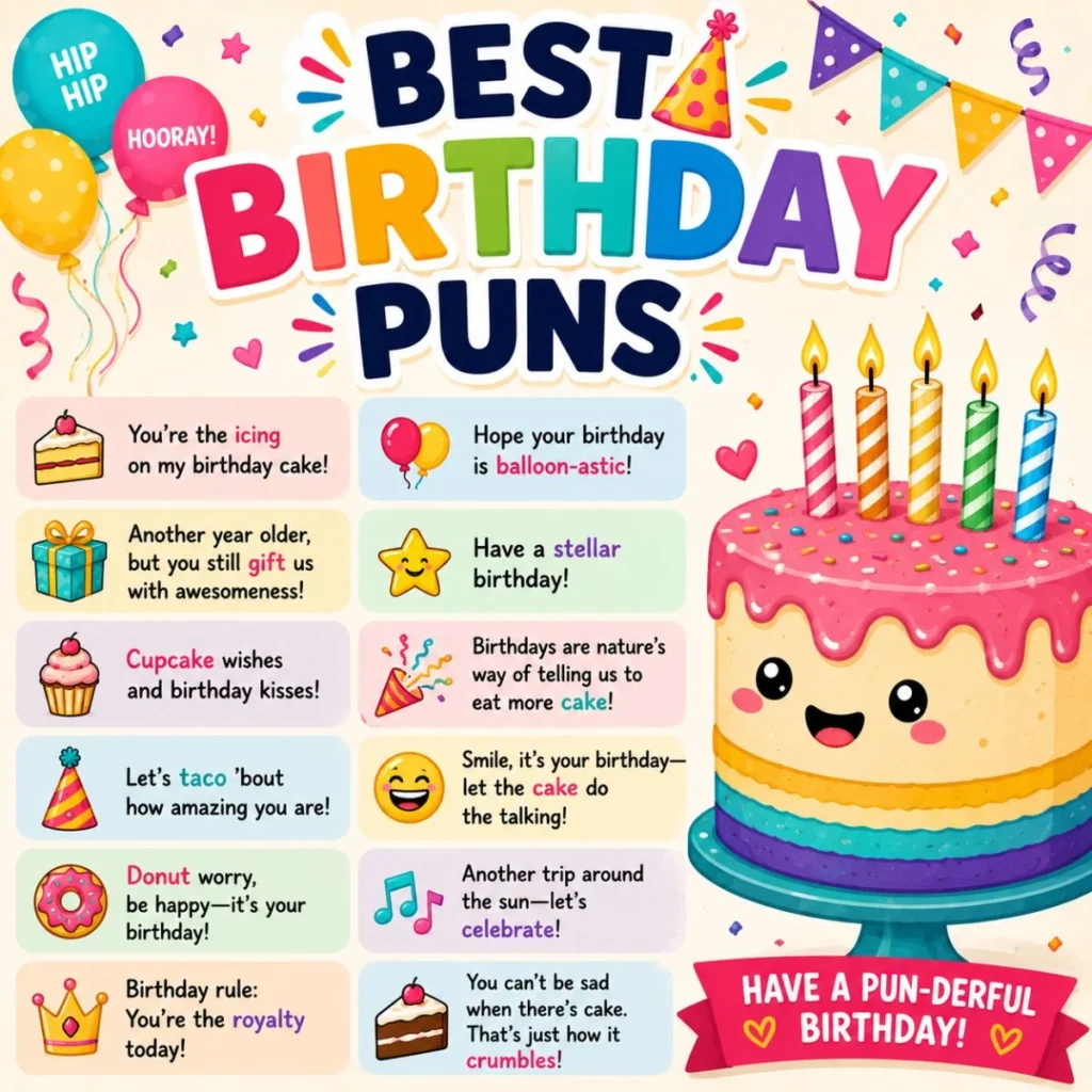 Best birthday puns poster with a smiling birthday cake, colorful balloons, candles, and funny birthday sayings.