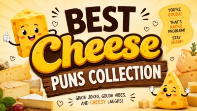 Funny cheese puns collection with cartoon cheese characters, cheesy jokes, and playful food humor illustration
