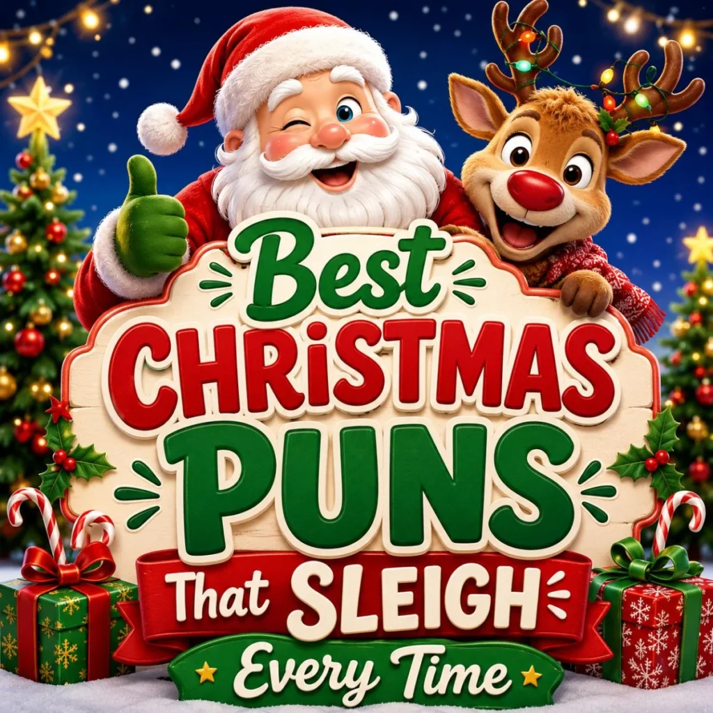 Best Christmas puns banner with Santa, reindeer, gifts, festive decorations, and a snowy holiday background.