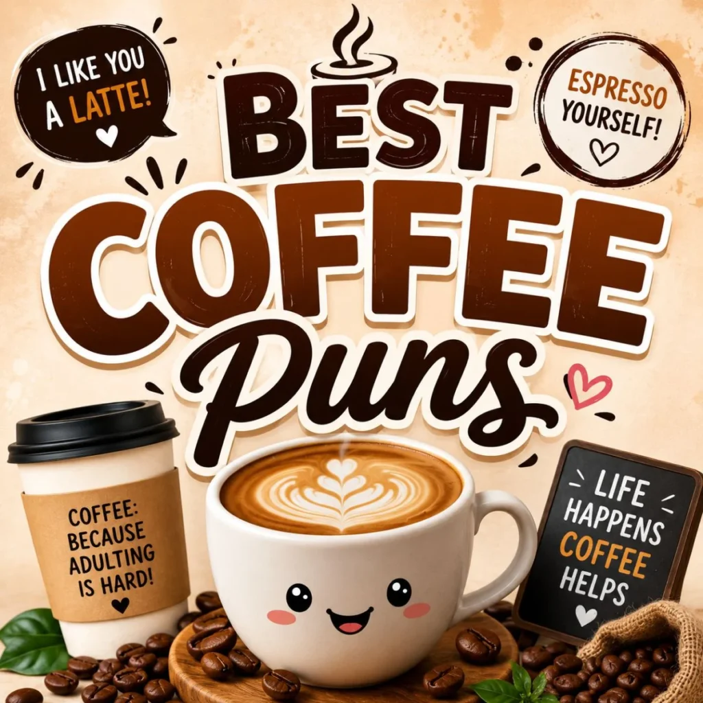 Best coffee puns illustration with cute coffee cup, coffee beans, and funny coffee-themed quotes