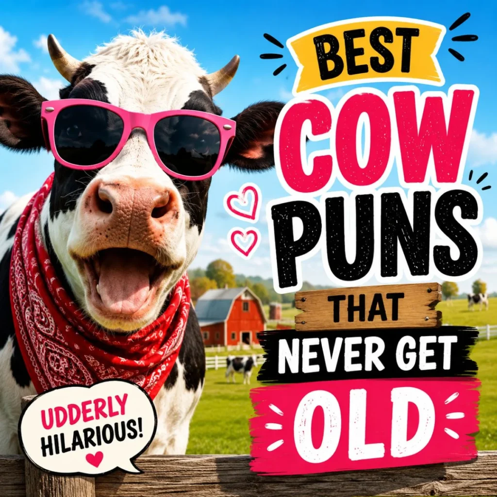 Best cow puns illustration with a funny cow wearing sunglasses on a sunny farm and playful typography