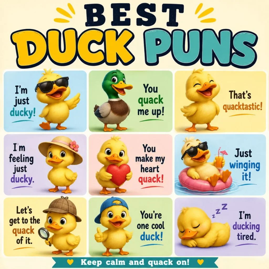 Cute cartoon duck pun collage with funny quack jokes, colorful duck illustrations, and playful humor for all ages.