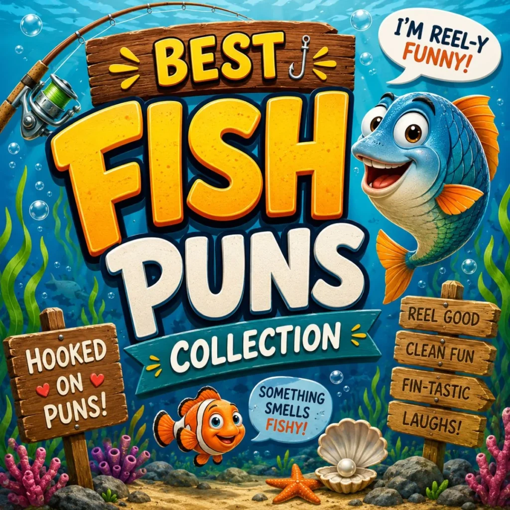 Best fish puns collection poster with colorful cartoon fish, funny ocean jokes, and playful underwater design