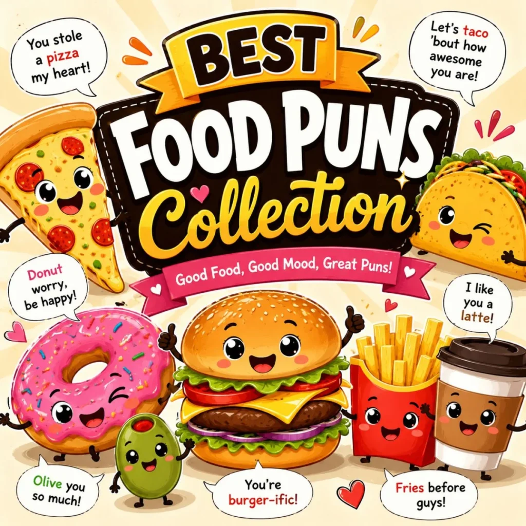 Best food puns collection featuring cute burger, pizza, taco, donut, fries, coffee, and olive cartoon characters