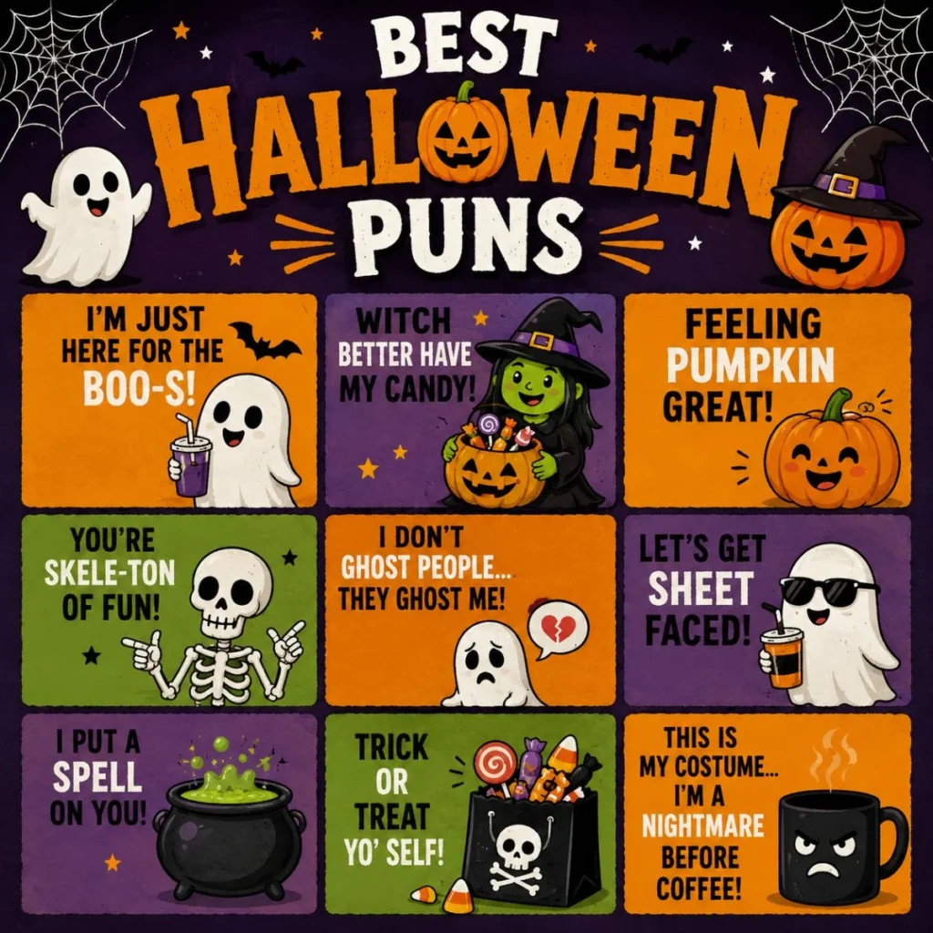 Best Halloween puns graphic featuring funny ghost, witch, pumpkin, skeleton, and spooky joke illustrations.