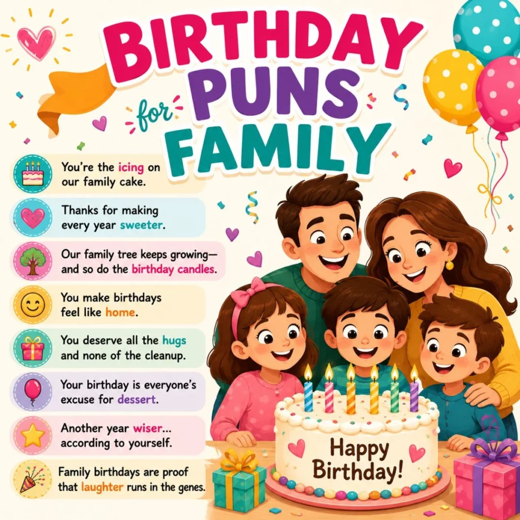 Birthday puns for family poster with a happy family, birthday cake, balloons, gifts, and funny family birthday sayings.