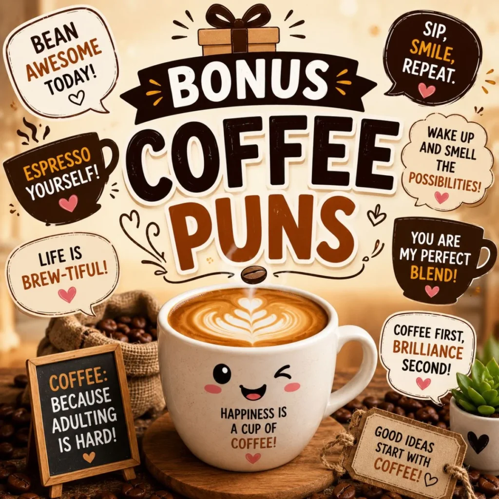Bonus coffee puns illustration with cute coffee cup, funny quotes, coffee beans, and playful coffee-themed design