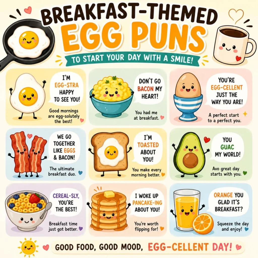 Breakfast-themed egg puns infographic with cute breakfast characters, funny food jokes, and cheerful morning wordplay.