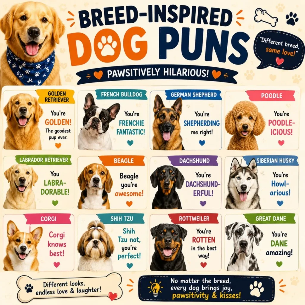 Breed-inspired dog puns infographic featuring popular dog breeds and funny breed-specific jokes