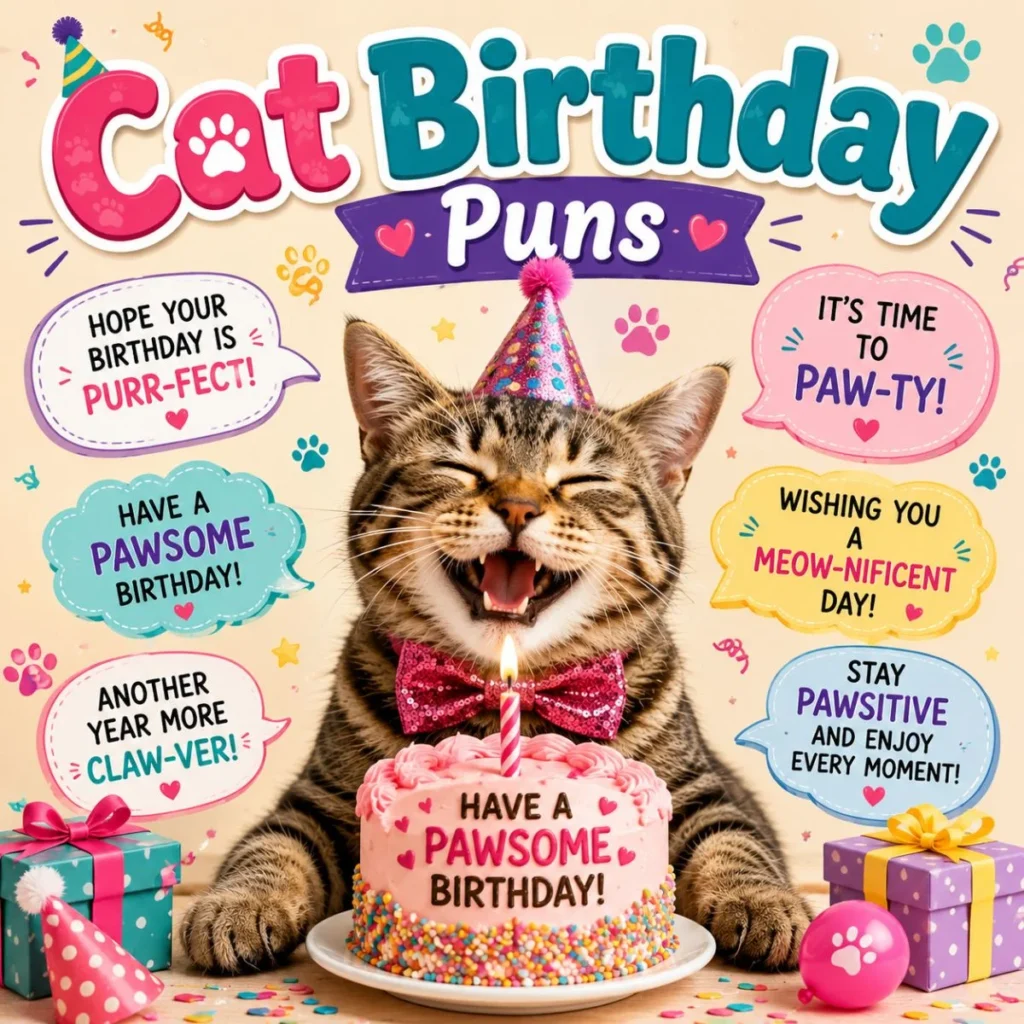 Cat birthday puns image with a smiling tabby cat, birthday cake, gifts, and funny feline birthday messages