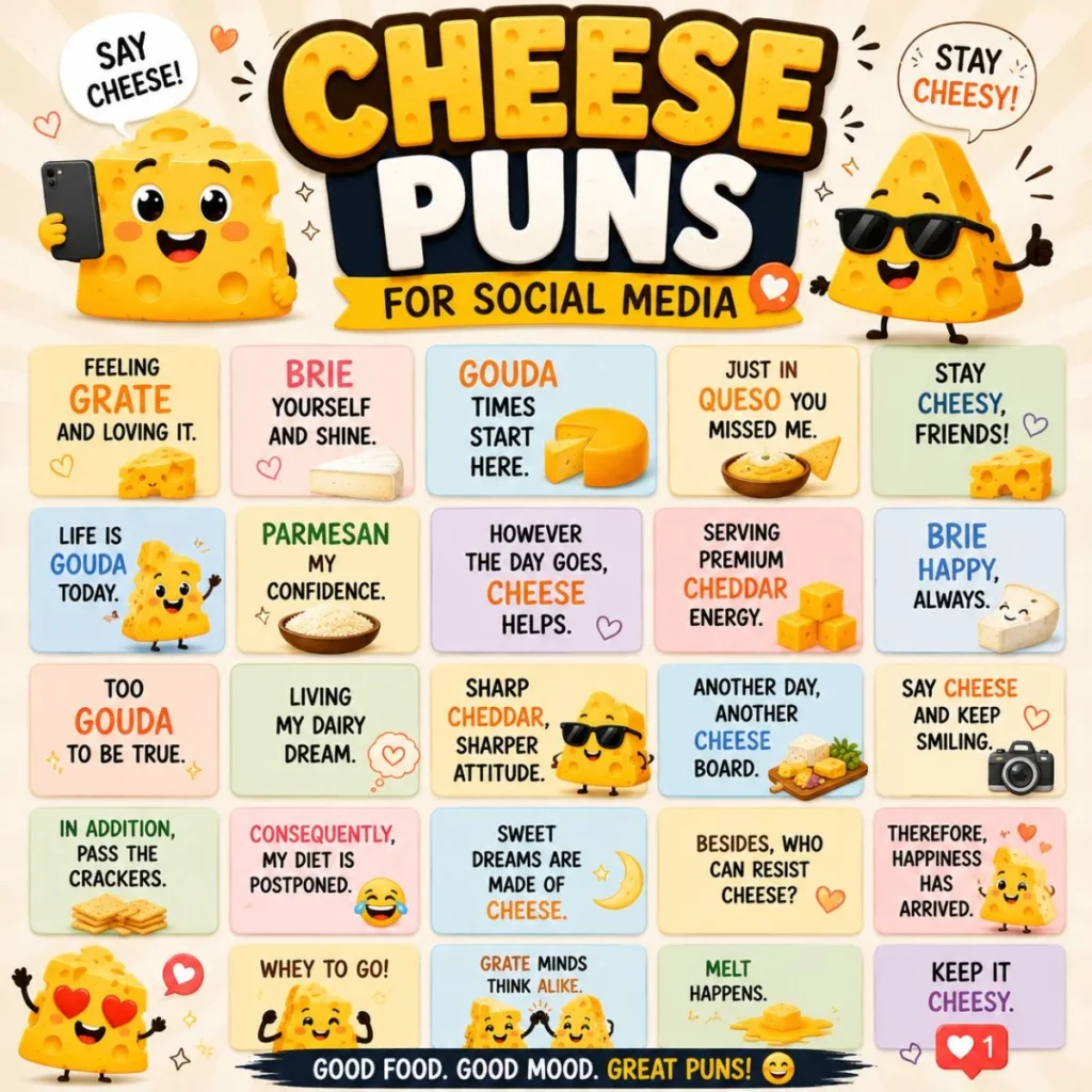 Cheese puns for social media with cartoon cheese characters, funny captions, and shareable food humor quotes