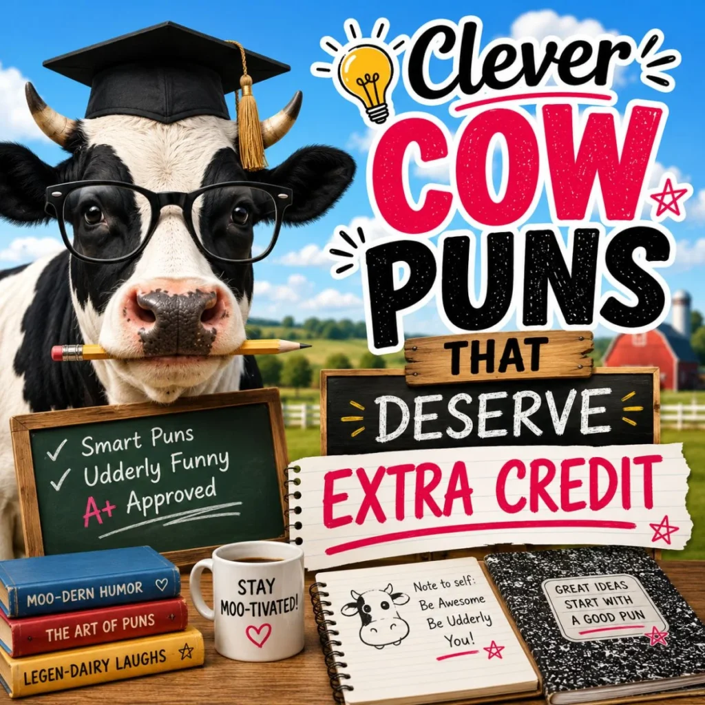 Clever cow puns illustration with a smart cow in glasses and graduation cap on a colorful farm background