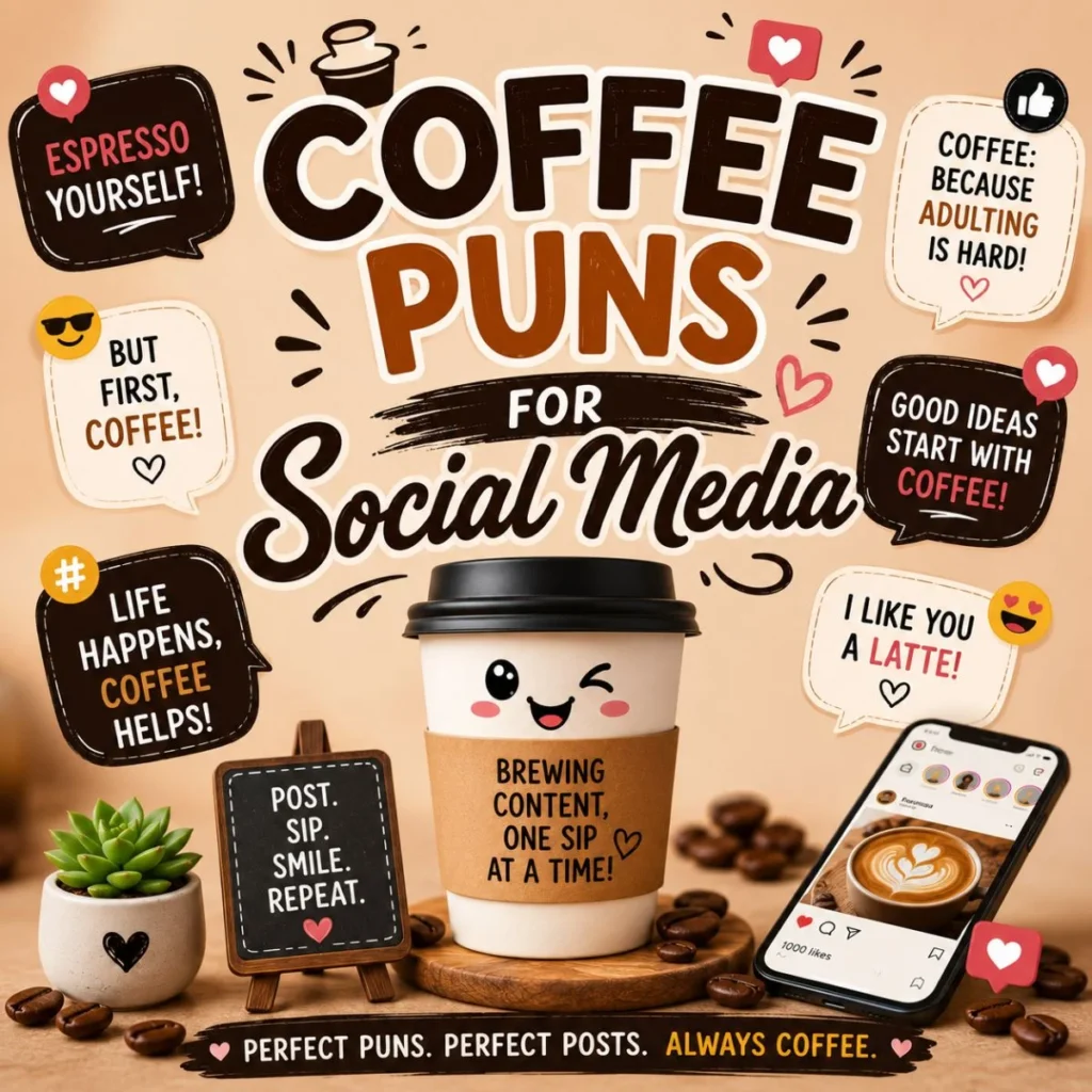 Coffee puns for social media illustration with cute coffee cup, coffee beans, and funny caption-inspired design
