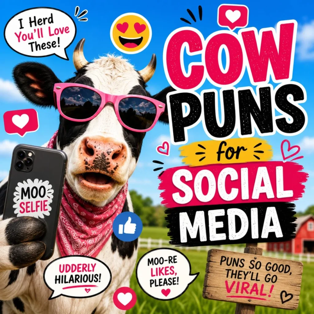 Funny cow taking a selfie with social media icons and colorful cow puns illustration on a sunny farm