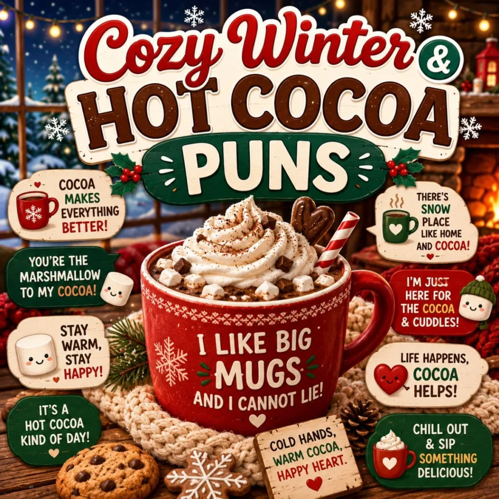 Cozy winter and hot cocoa puns banner with a festive cocoa mug, marshmallows, cookies, and a warm holiday fireplace.