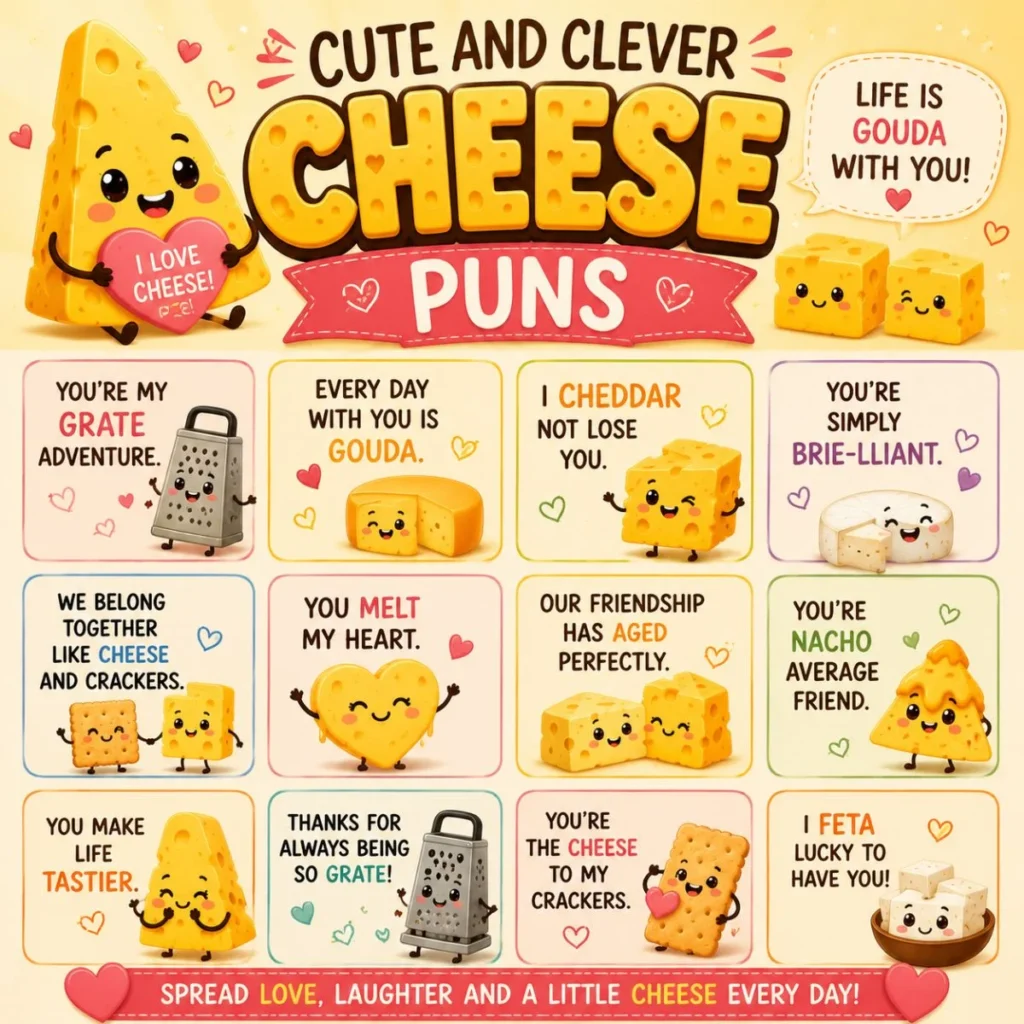 Cute and clever cheese puns with adorable cartoon cheese characters, sweet quotes, and playful food humor