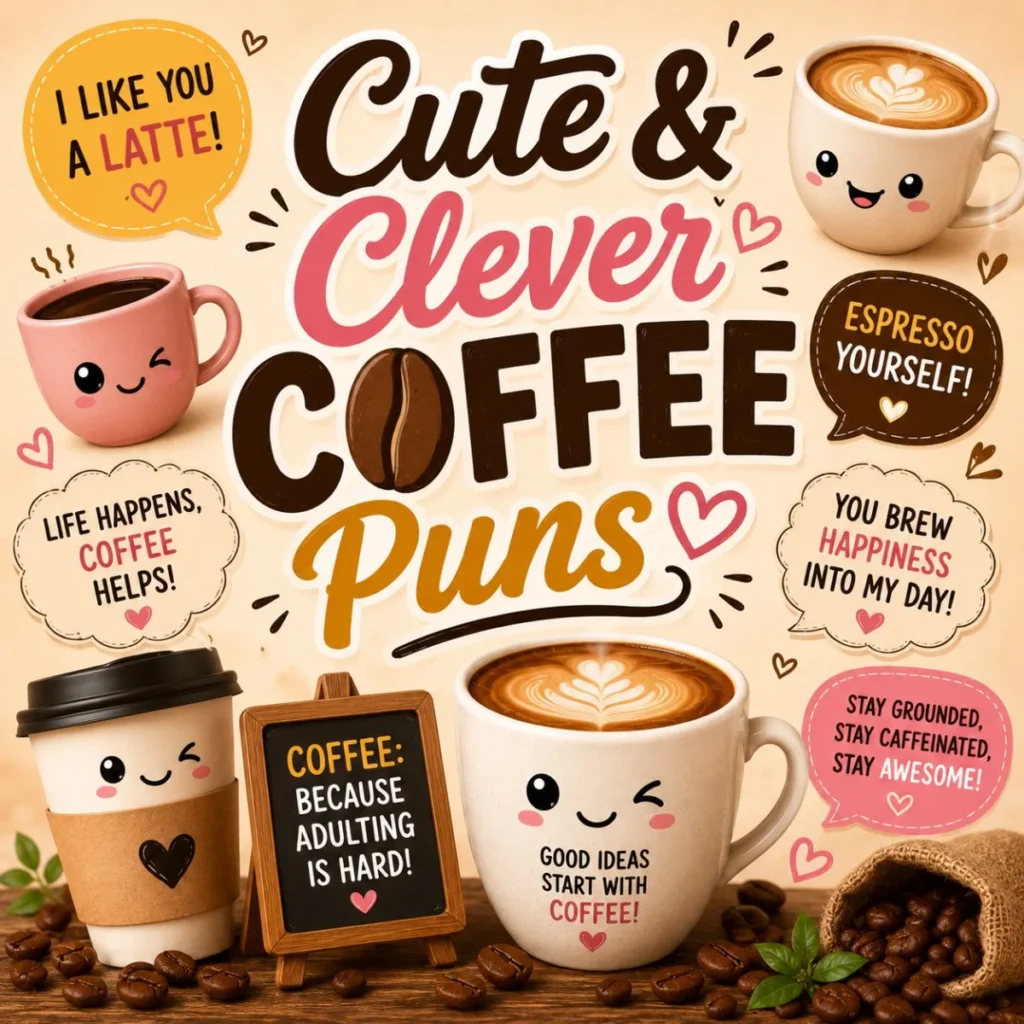 Cute and clever coffee puns illustration with smiling coffee cups, coffee beans, hearts, and playful typography
