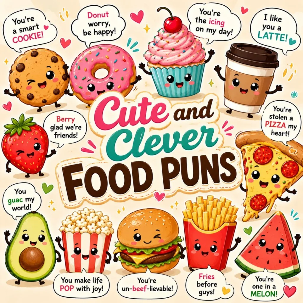 Cute and clever food puns with smiling cupcake, pizza, burger, fries, donut, cookie, coffee, and avocado characters