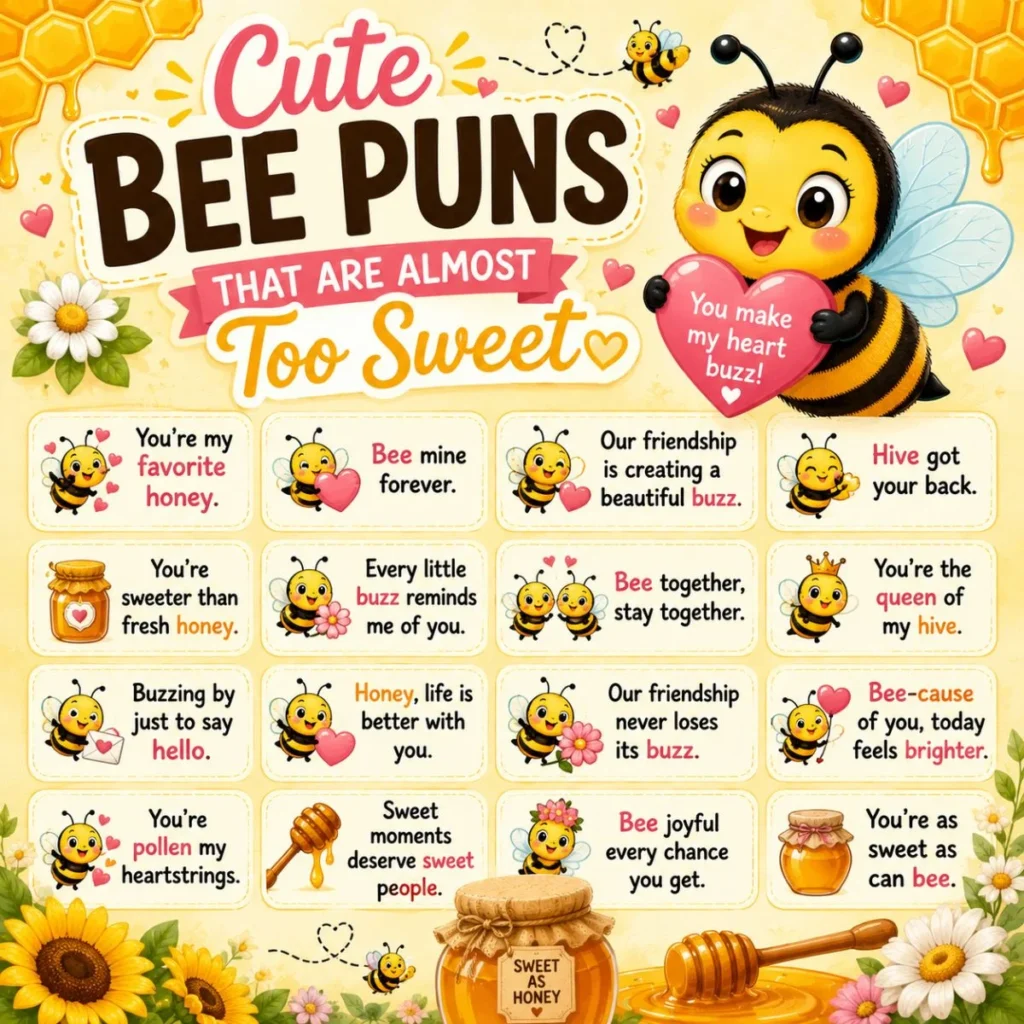 Cute bee puns poster with a smiling cartoon bee, sweet honey, hearts, flowers, and adorable bee-themed jokes.