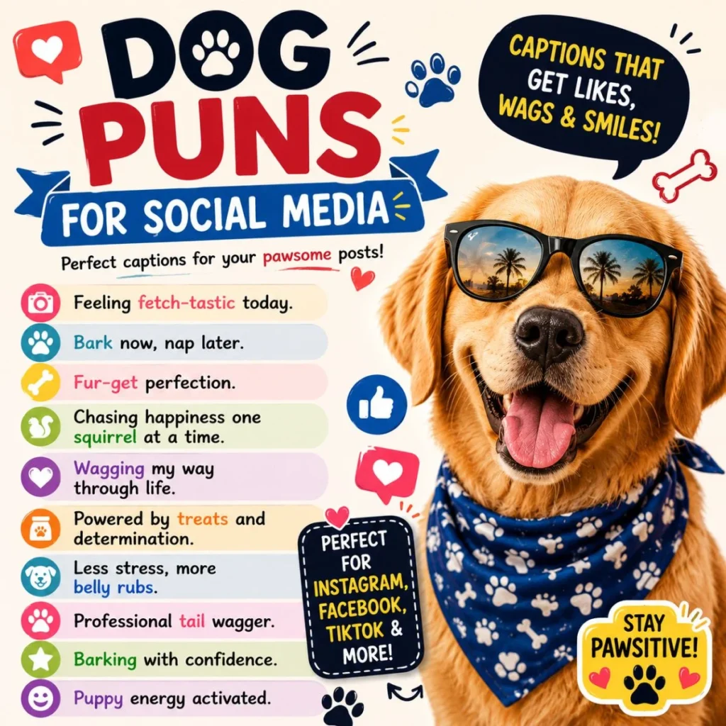 Dog puns for social media infographic with a happy puppy and funny caption ideas for Instagram and TikTok