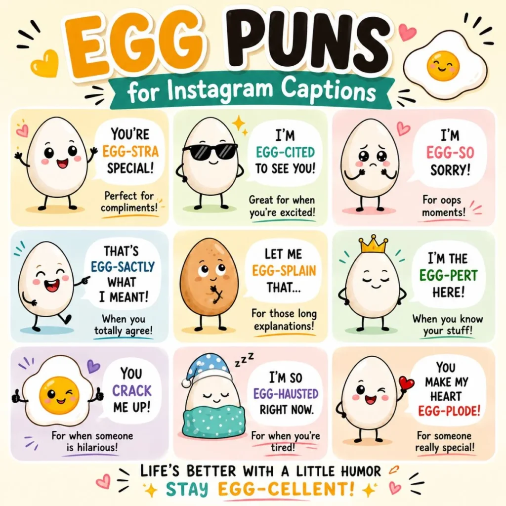 Egg puns for Instagram captions infographic with cute cartoon eggs and funny one-liners for social media posts.