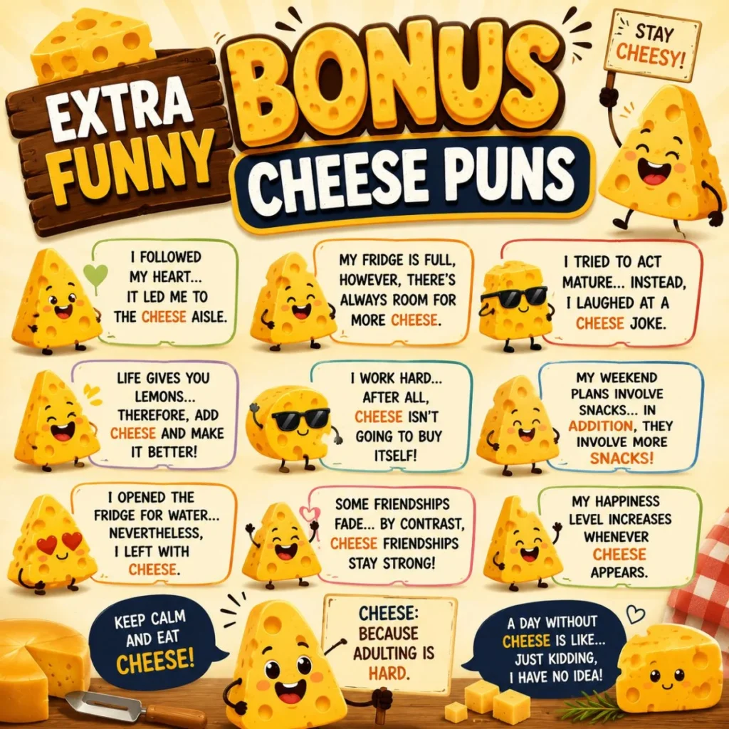 Extra funny cheese puns poster with cute cartoon cheese characters, humorous quotes, and playful food-themed jokes