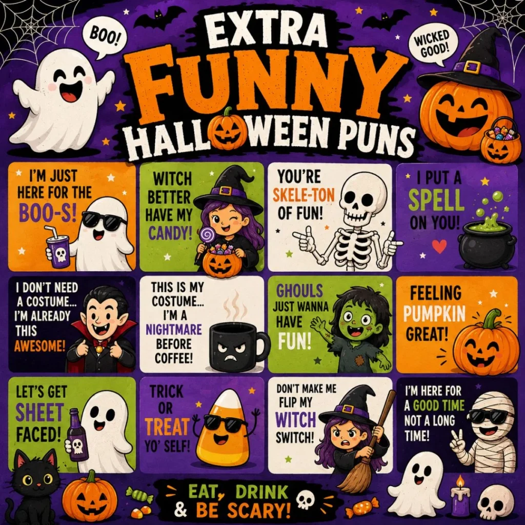 Extra funny Halloween puns graphic with ghosts, witches, pumpkins, skeletons, and spooky cartoon jokes.