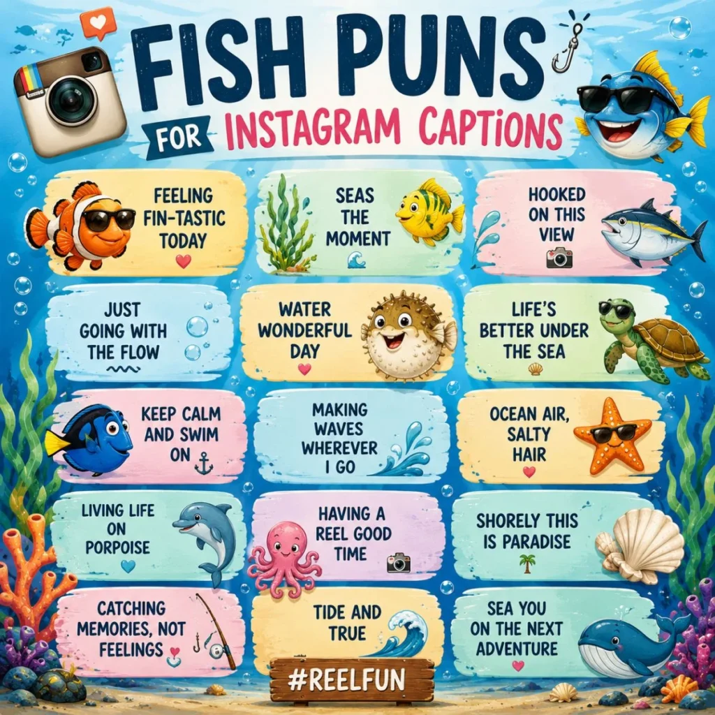Fish puns for Instagram captions poster with colorful sea creatures and funny ocean-themed caption ideas