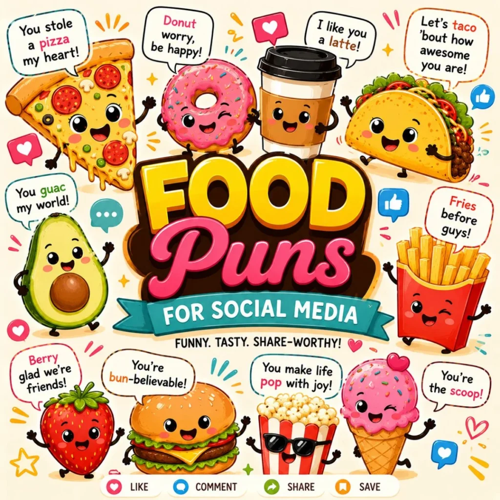Food puns for social media with cute pizza, taco, burger, donut, fries, coffee, avocado, and strawberry characters