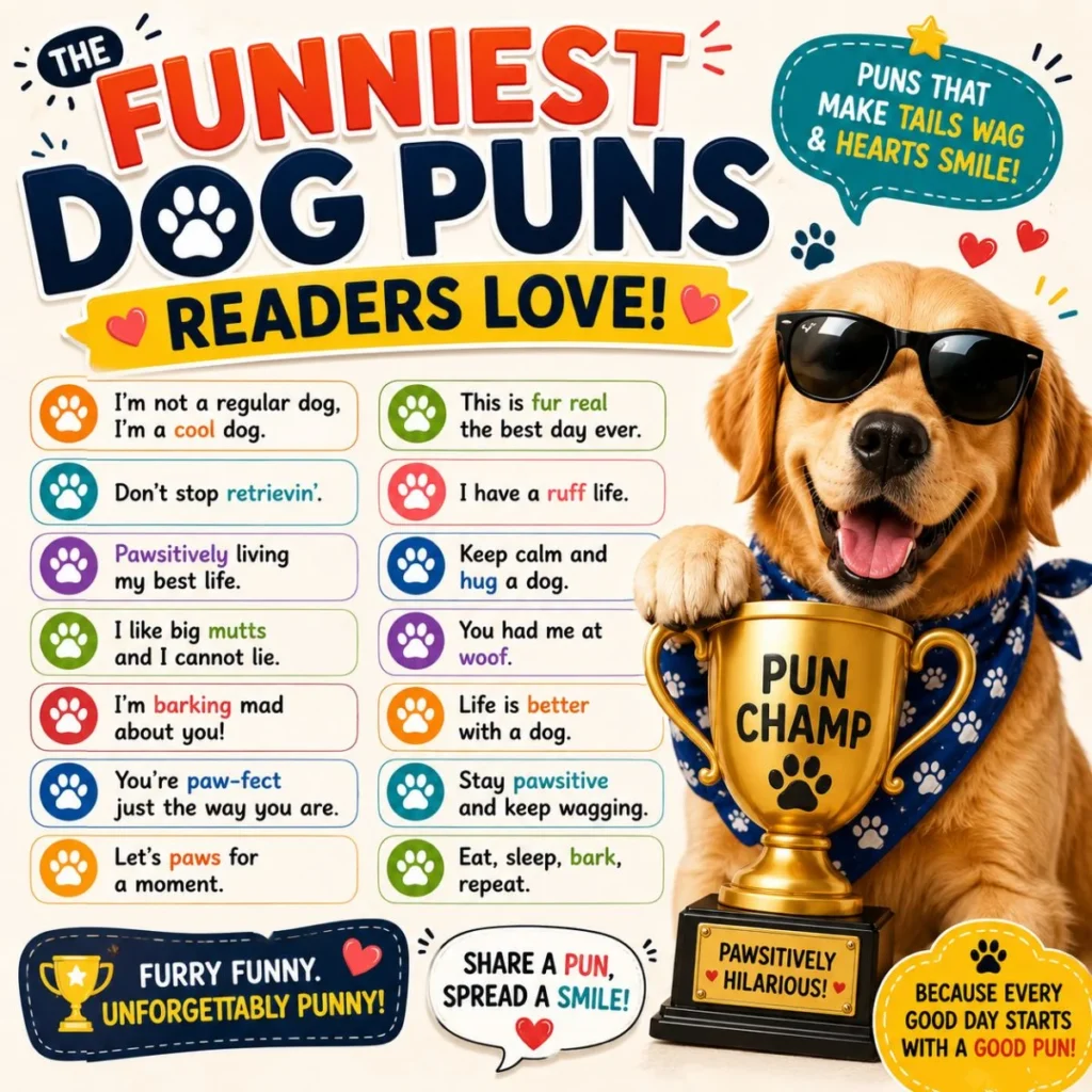 Funniest dog puns readers love infographic with a happy dog holding a trophy and funny dog jokes