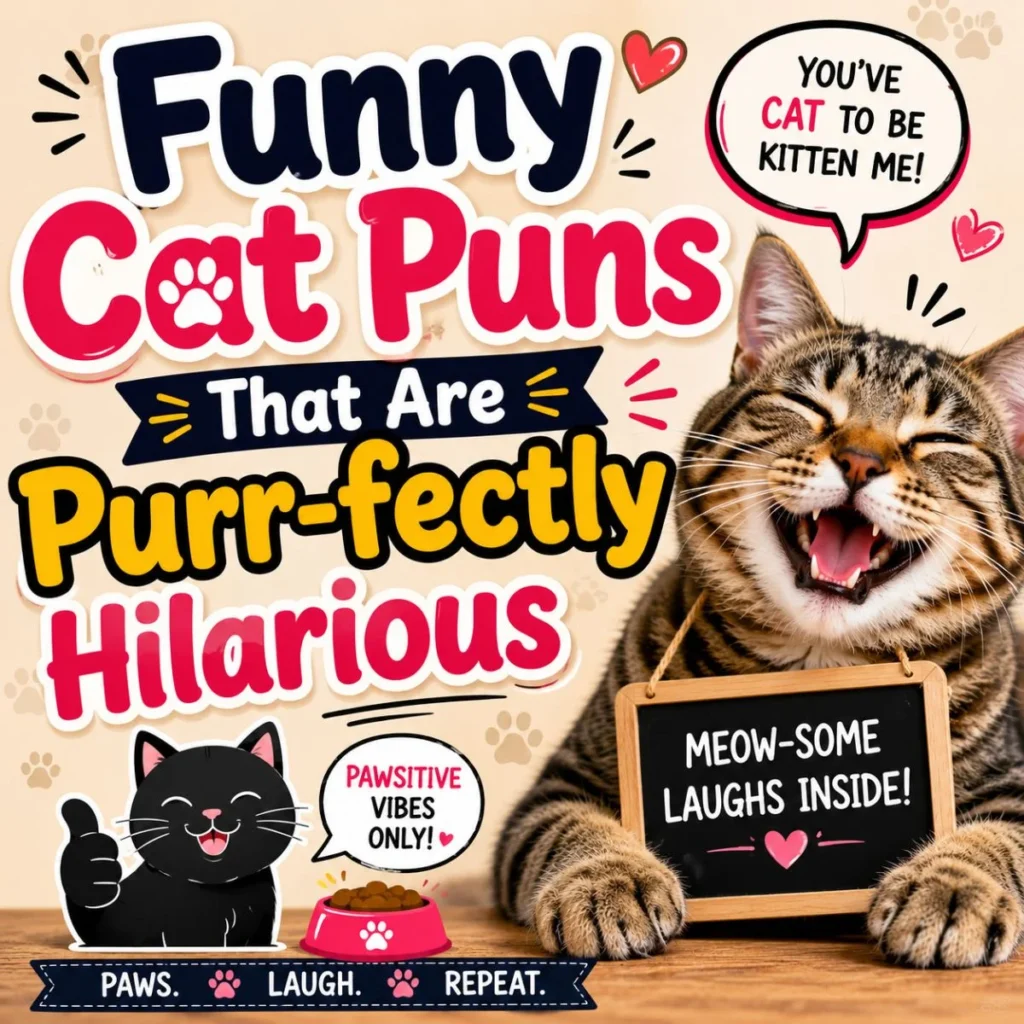 Funny cat puns graphic with a laughing tabby cat, playful typography, and cute feline humor illustrations