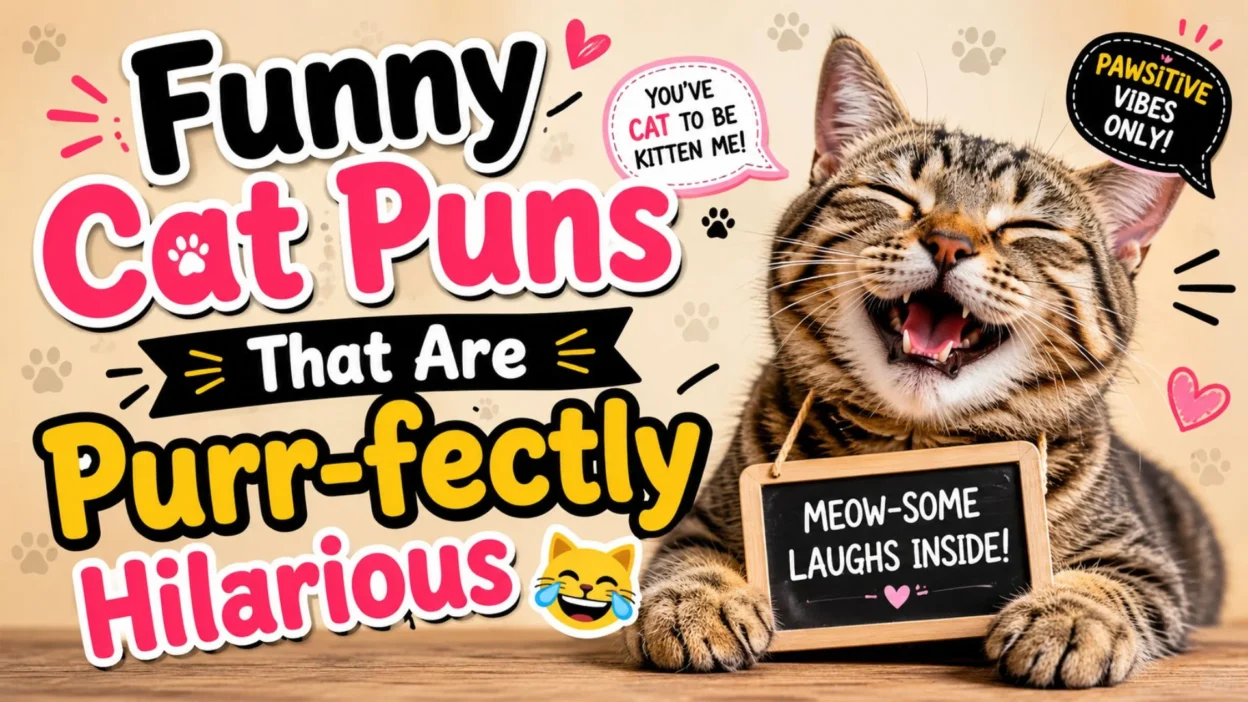 Funny cat puns featured image with a smiling tabby cat, playful typography, and humorous feline wordplay