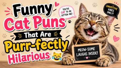 Funny cat puns featured image with a smiling tabby cat, playful typography, and humorous feline wordplay
