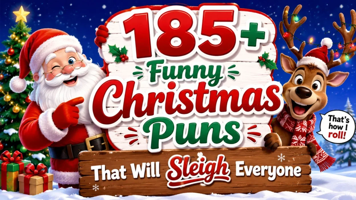 Funny Christmas puns banner with Santa, a smiling reindeer, snowy background, and festive holiday decorations.