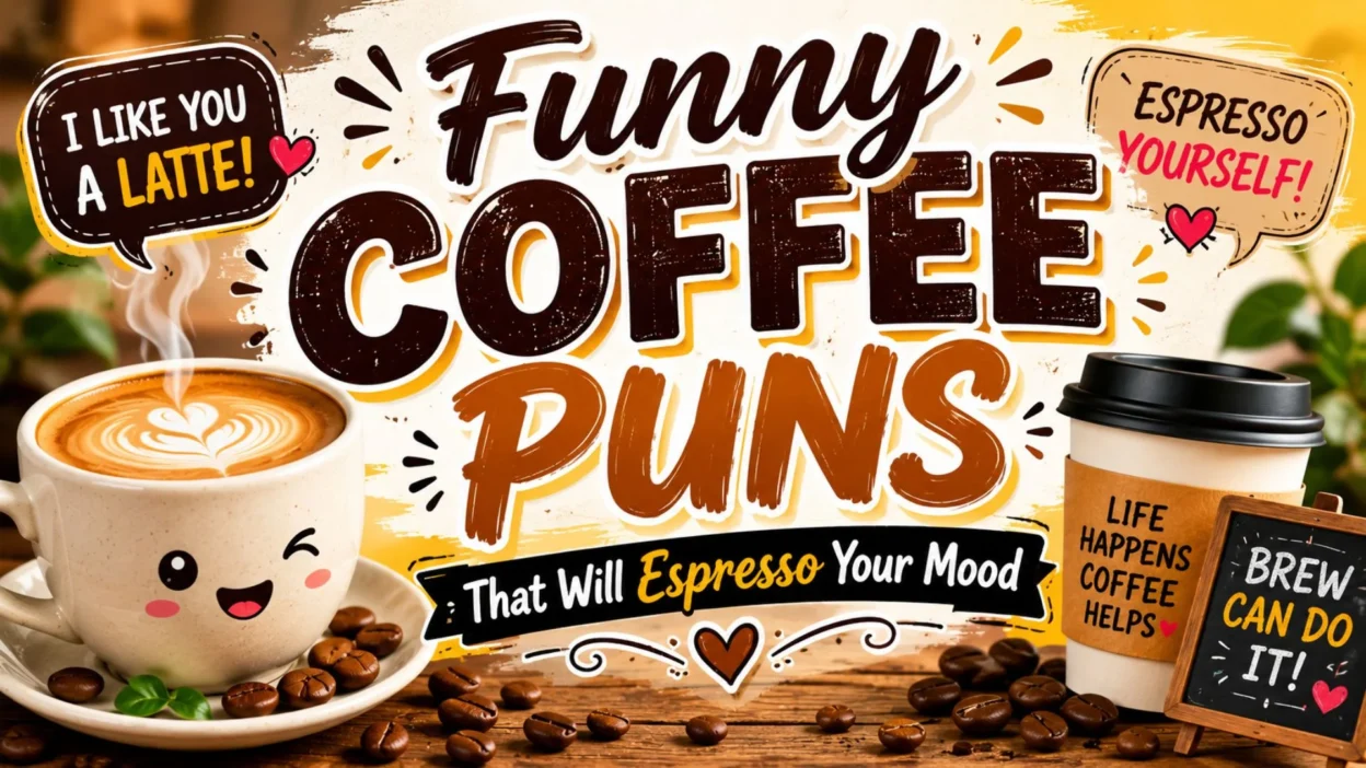 Funny coffee puns illustration with cute coffee cups, coffee beans, and playful typography for coffee lovers