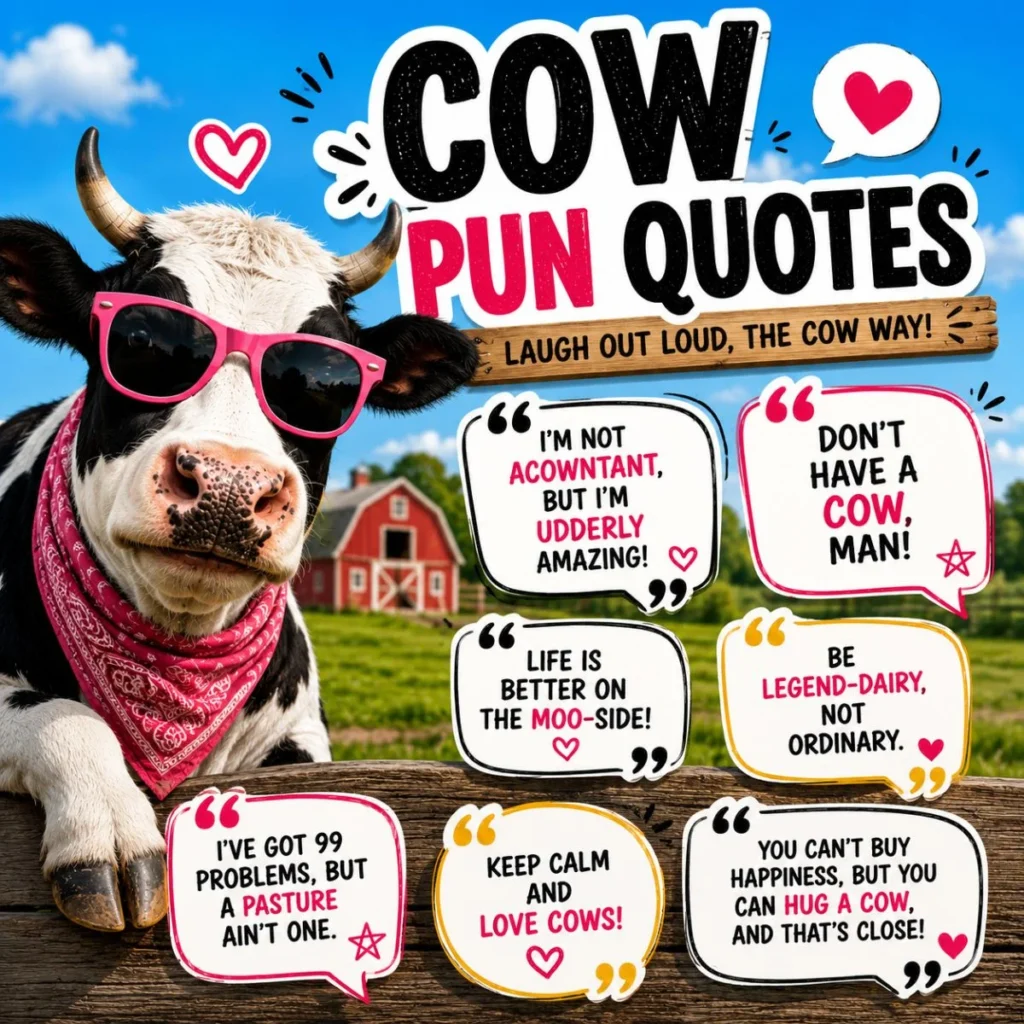 Funny cow pun quotes illustration with a smiling cow, speech bubbles, and colorful quote cards on a sunny farm