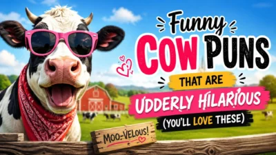 Funny cow wearing pink sunglasses on a sunny farm with bold cow puns title for a humorous blog featured image