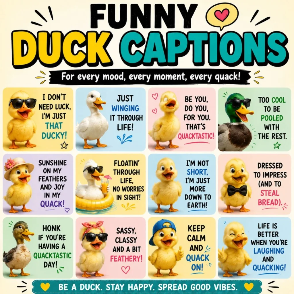 Funny duck captions poster with cute cartoon ducks, witty Instagram quotes, and colorful duck-themed humor collection.