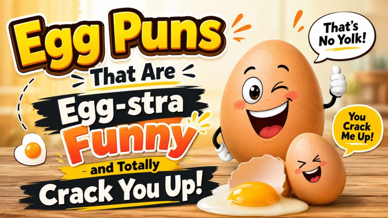 Funny egg puns banner with smiling cartoon eggs, cracked egg yolk, and playful breakfast-themed wordplay