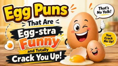 Funny egg puns banner with smiling cartoon eggs, cracked egg yolk, and playful breakfast-themed wordplay