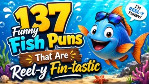 Funny fish puns illustration with smiling cartoon fish underwater and colorful text saying reel-y fin-tastic