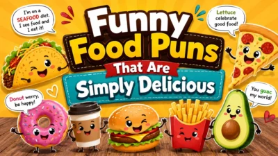 Funny food puns illustration with cute pizza, taco, burger, fries, donut, coffee, and avocado characters