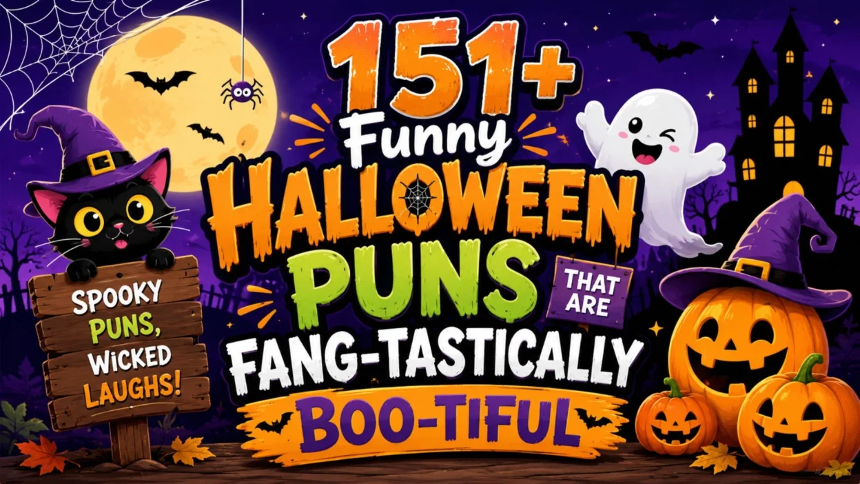 Funny Halloween puns illustration with cute ghost, pumpkins, black cat, haunted house, bats, and full moon background