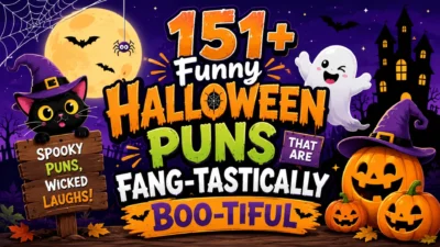 Funny Halloween puns illustration with cute ghost, pumpkins, black cat, haunted house, bats, and full moon background